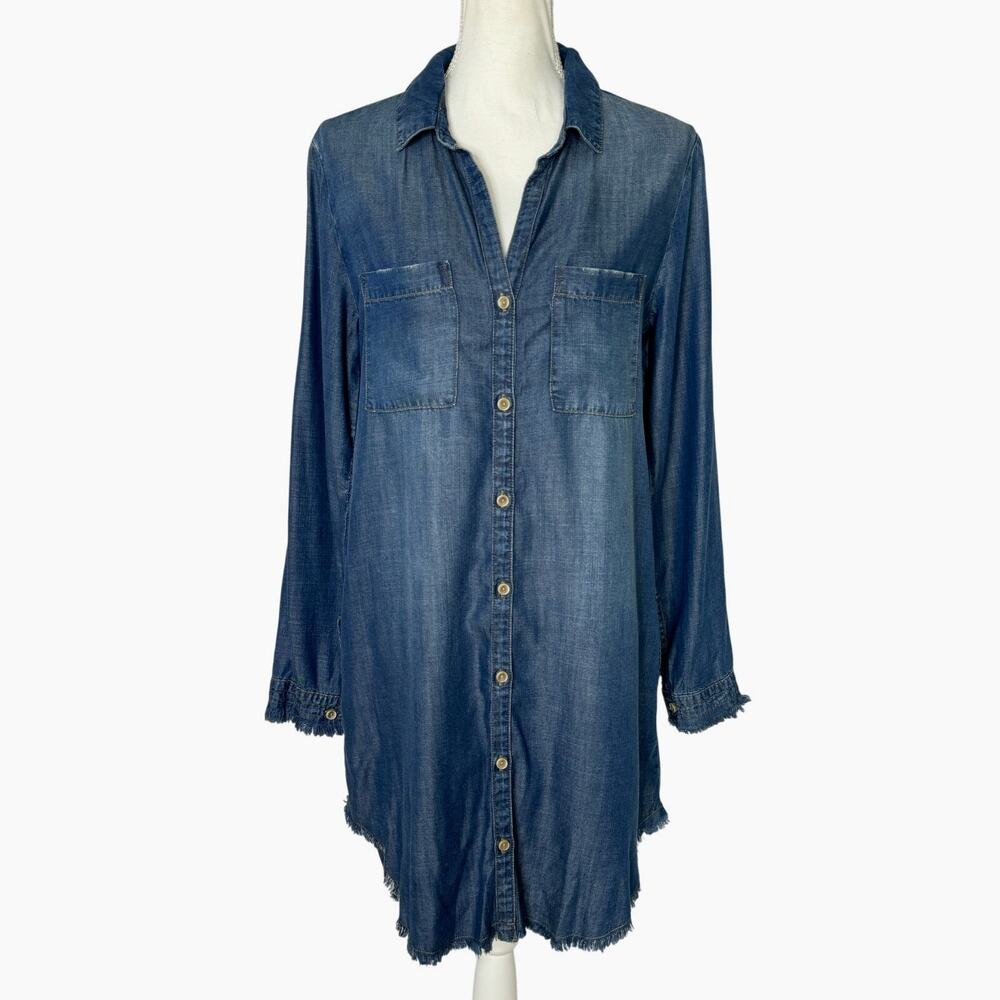 Cloth & Stone Chambray Shirt Dress Women Size Small Blue Long Sleeve Raw Hem